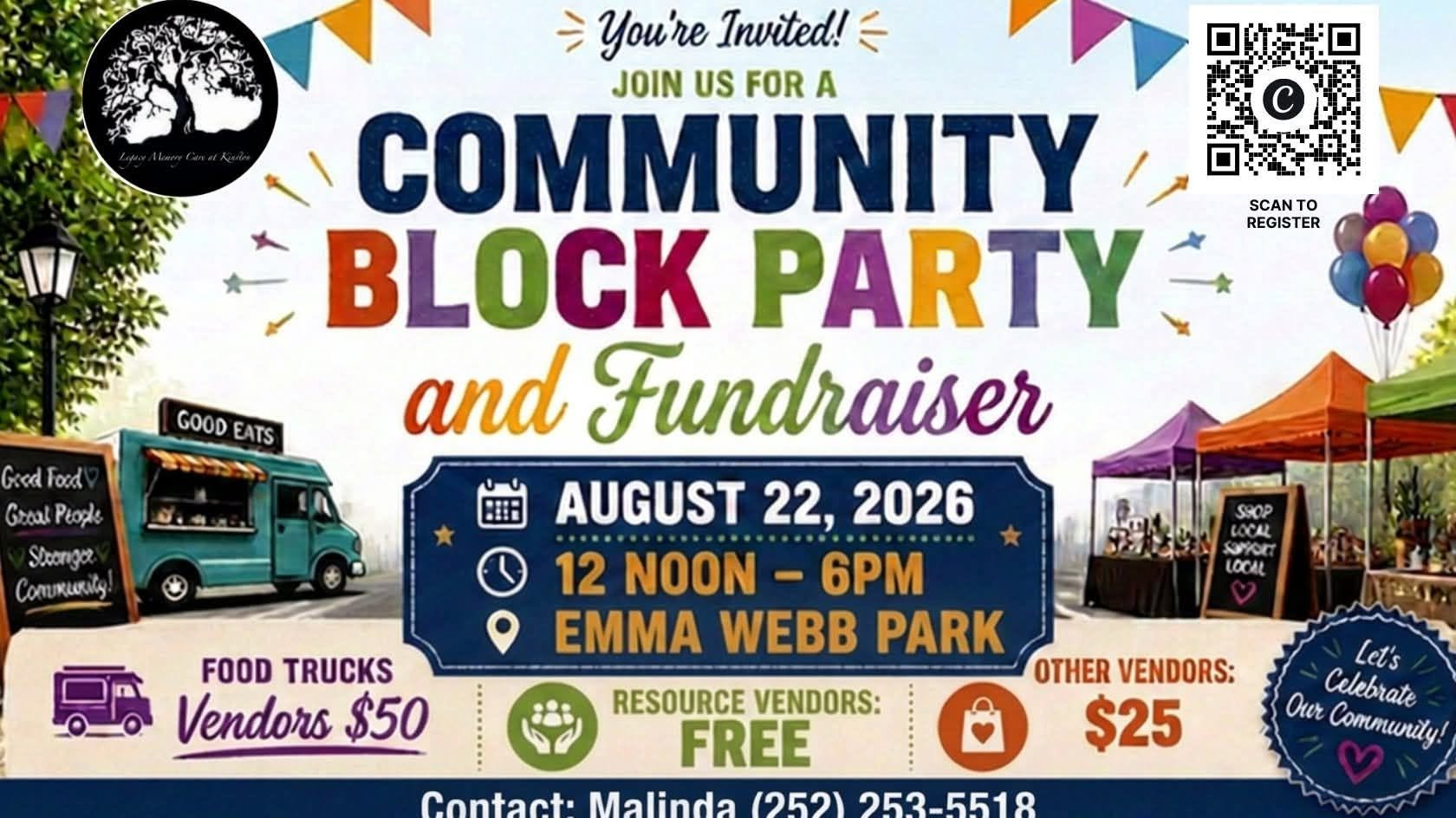 Community Block Party and Fundraiser flyer with registration QR code