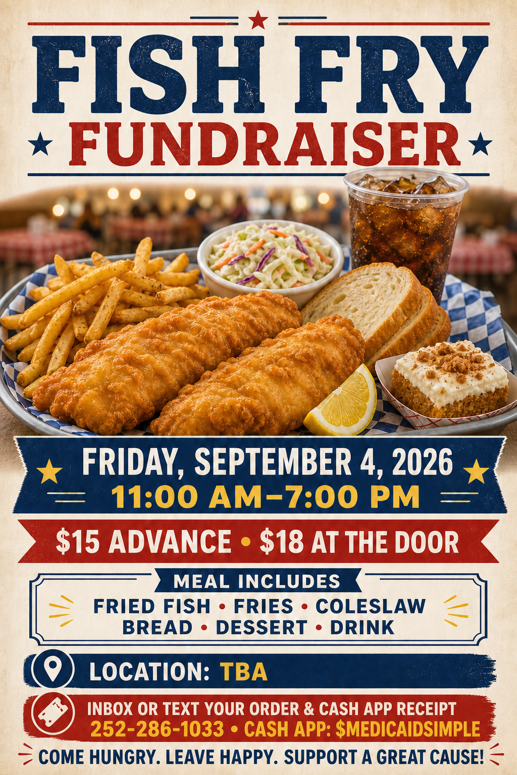 Fish Fry Fundraiser on Friday, September 4, 2026, from 11 AM to 7 PM, with advance and door pricing